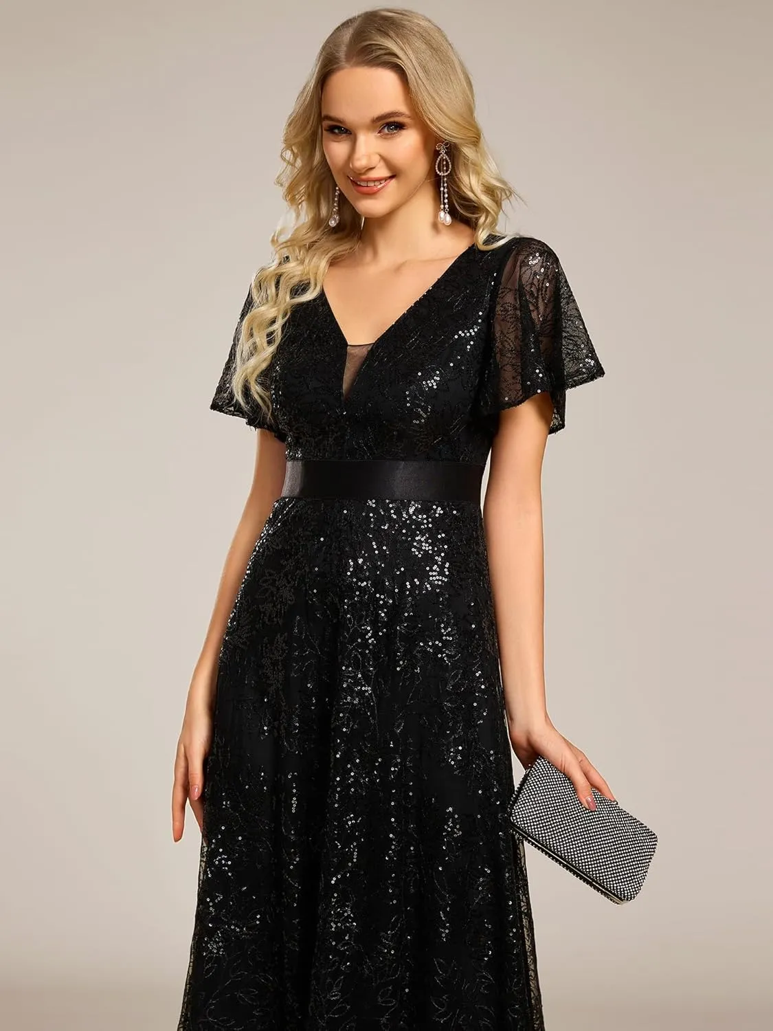 Ever-Pretty Women's V-Neck Sequin Embroidered Short Sleeve Floor-Length A-Line Empire Waist Evening Dresses 02314