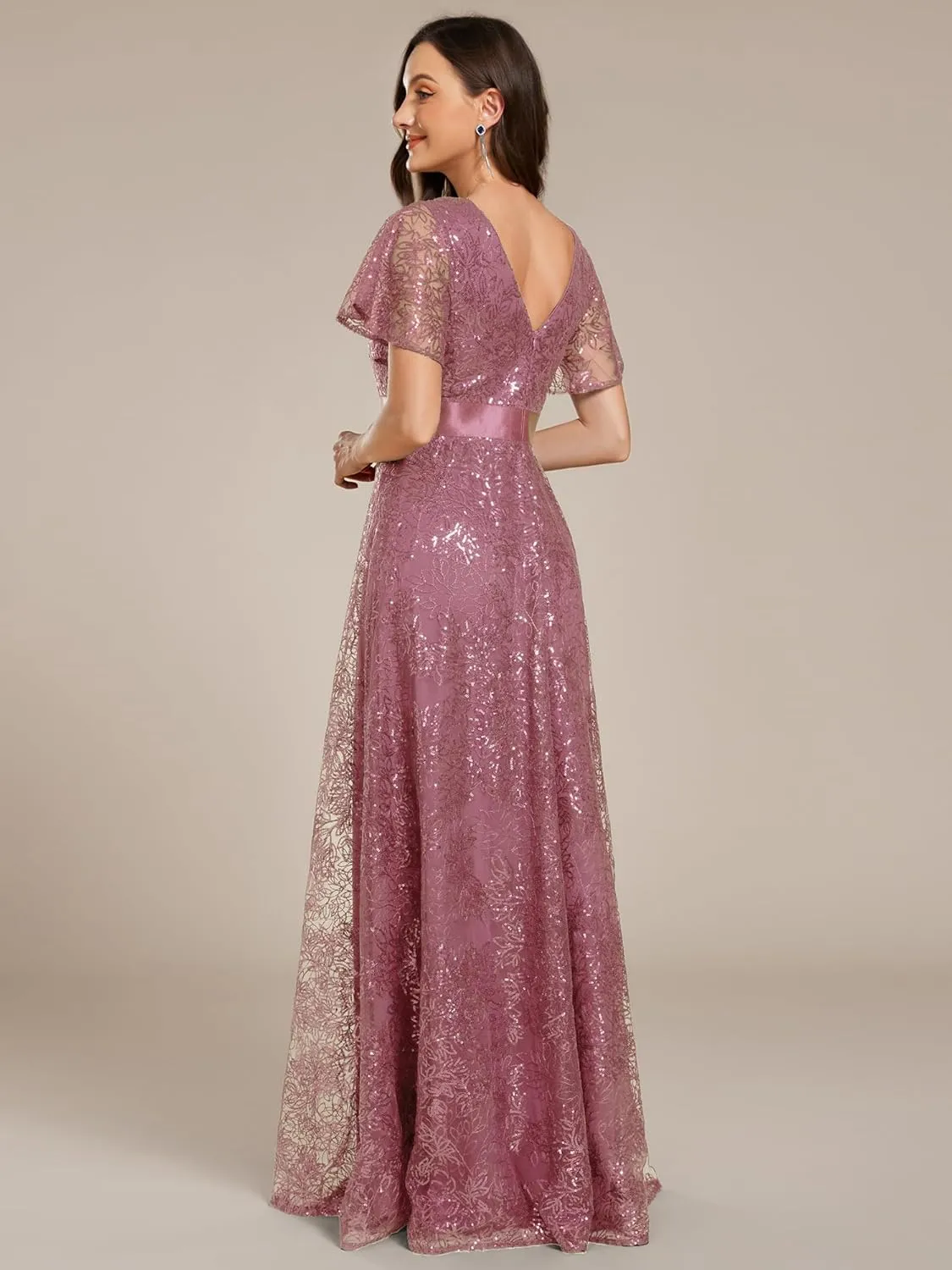 Ever-Pretty Women's V-Neck Sequin Embroidered Short Sleeve Floor-Length A-Line Empire Waist Evening Dresses 02314