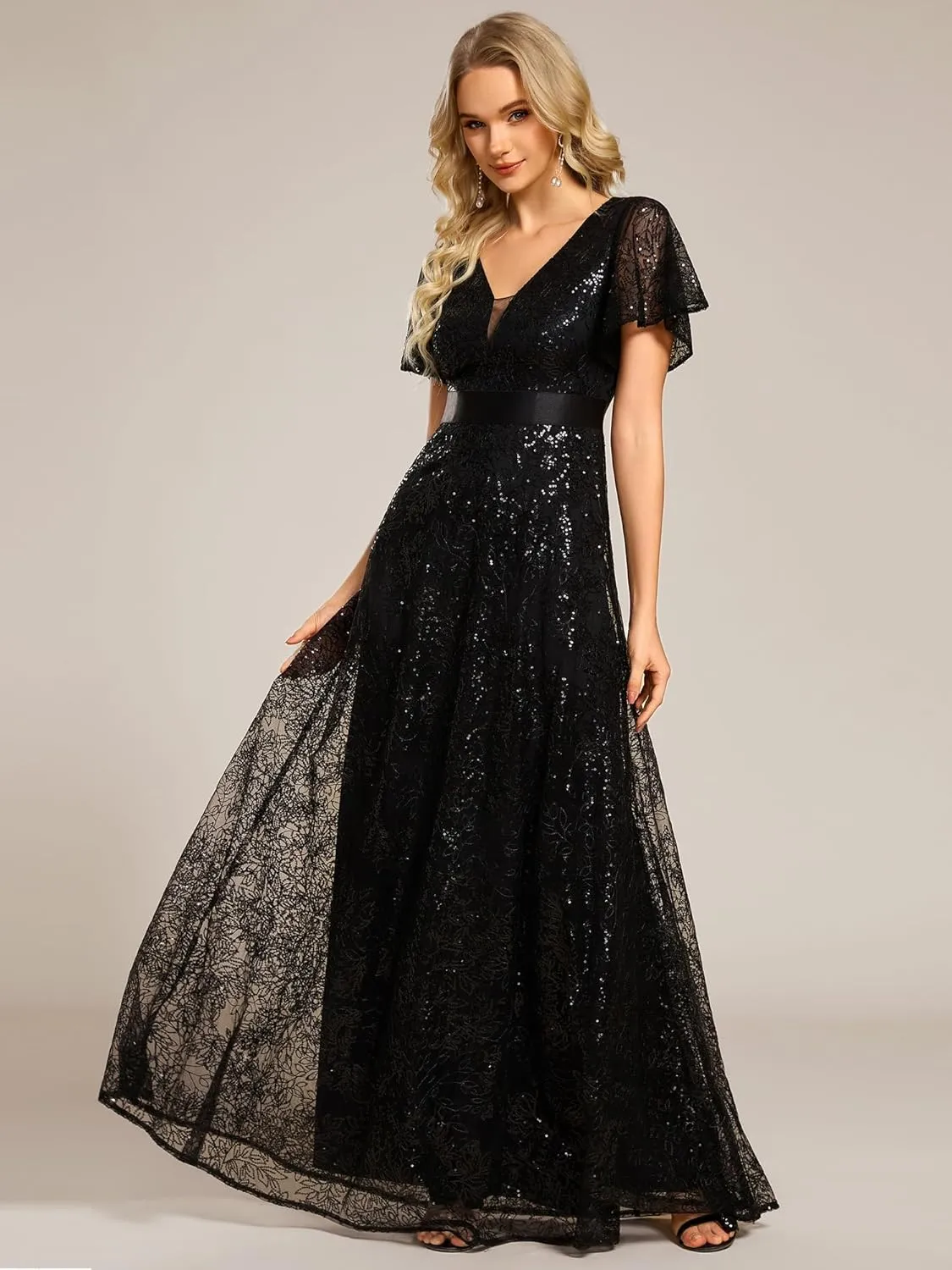 Ever-Pretty Women's V-Neck Sequin Embroidered Short Sleeve Floor-Length A-Line Empire Waist Evening Dresses 02314
