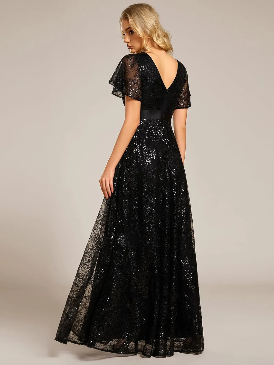 Ever-Pretty Women's V-Neck Sequin Embroidered Short Sleeve Floor-Length A-Line Empire Waist Evening Dresses 02314