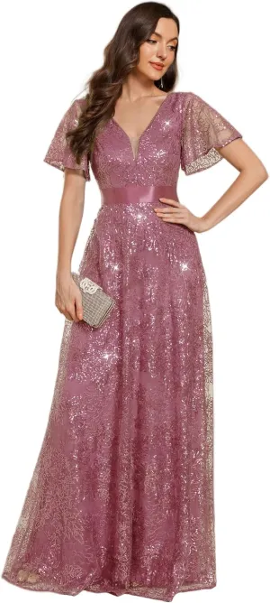 Ever-Pretty Women's V-Neck Sequin Embroidered Short Sleeve Floor-Length A-Line Empire Waist Evening Dresses 02314