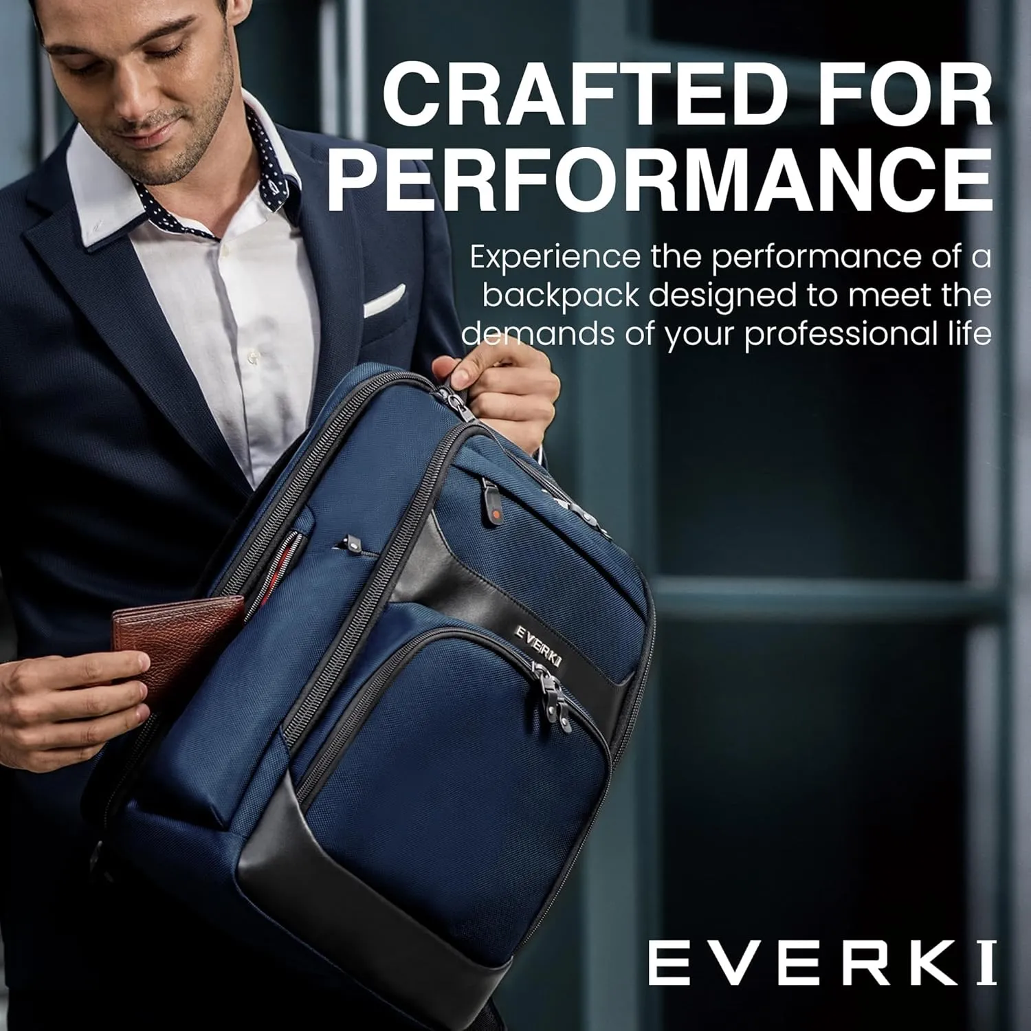 Everki Onyx Premium Business Executive Laptop Backpack - Ballistic Nylon and Leather Office Backpack Laptop Bag, Travel Friendly Office Bagpack, Dedicated Compartment up to 15.6 Inch (EKP132N), Navy