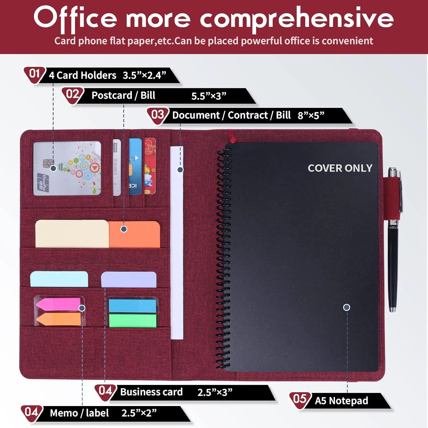 Executive Size Notebook Cover for Rocketbook A5 8.8"x6" Inch, Waterproof Portfolio Organizer with Pen Loop Holder & Card Slots, Protective Case for Journals - Business Travel & Office Use (Fuchsia)
