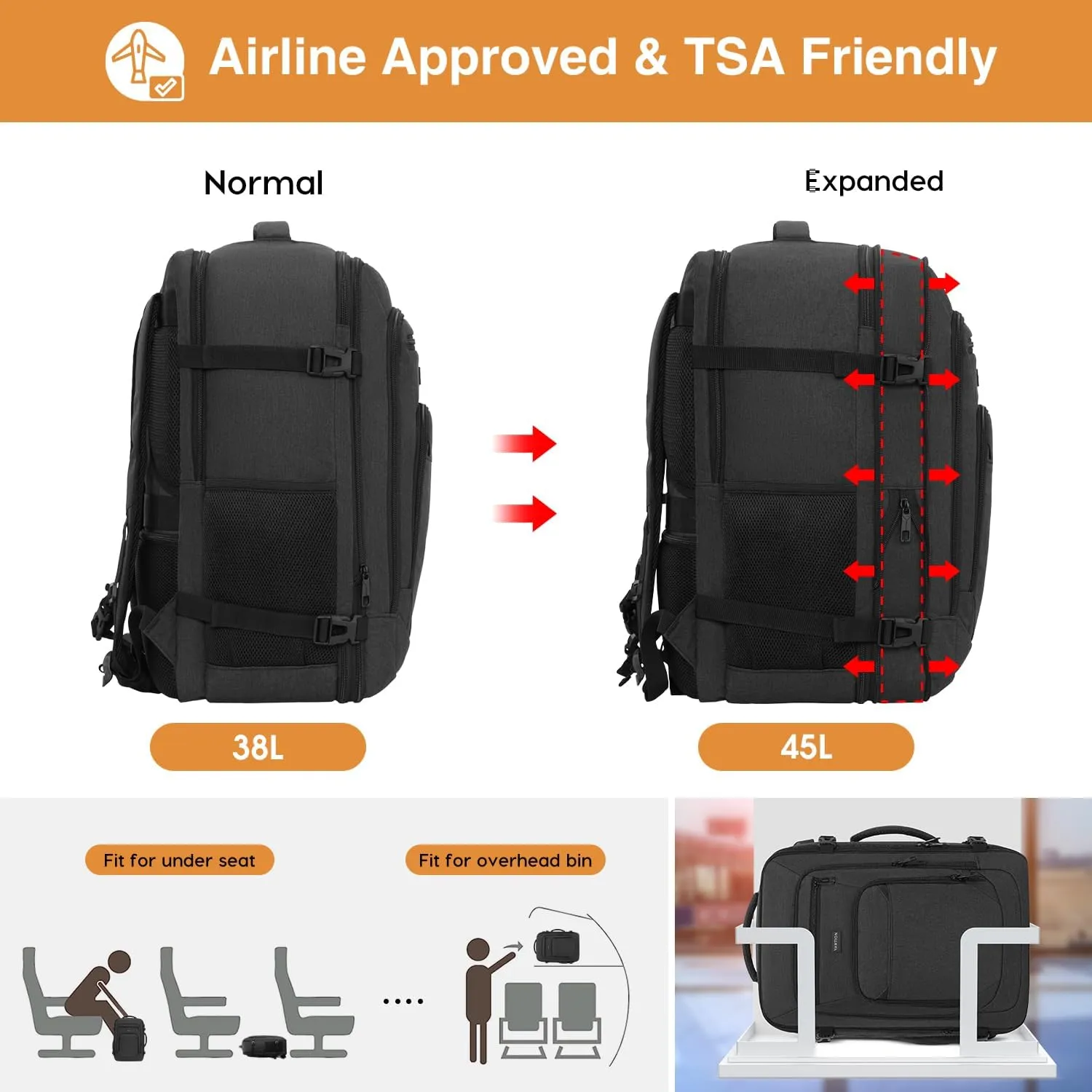 Expandable Carry on Backpack,45L Extra Large Travel Backpack Weekender Back Pack Airplane Approved with USB Port College School Backpack Bookbag for Adult Travel Business University