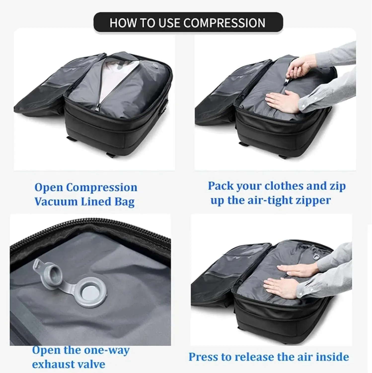 Ezy Vac Backpack,Ezyvac Vacuum Compression Travel Backpack,Large Capacity Expandable Waterproof Multifunctional Bag (Blue)