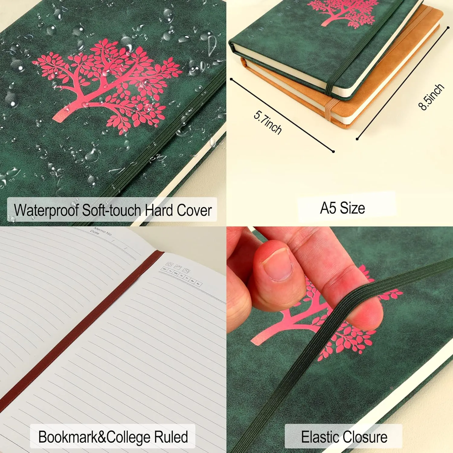 Fanery Sue Journal Notebook 3 Pack Tree of Life Journals for Writing A5 College Ruled Lined Writing Personal Diary Notebooks 180° Lay Flat Thick Paper Hard Cover Leatherette 200 Pages