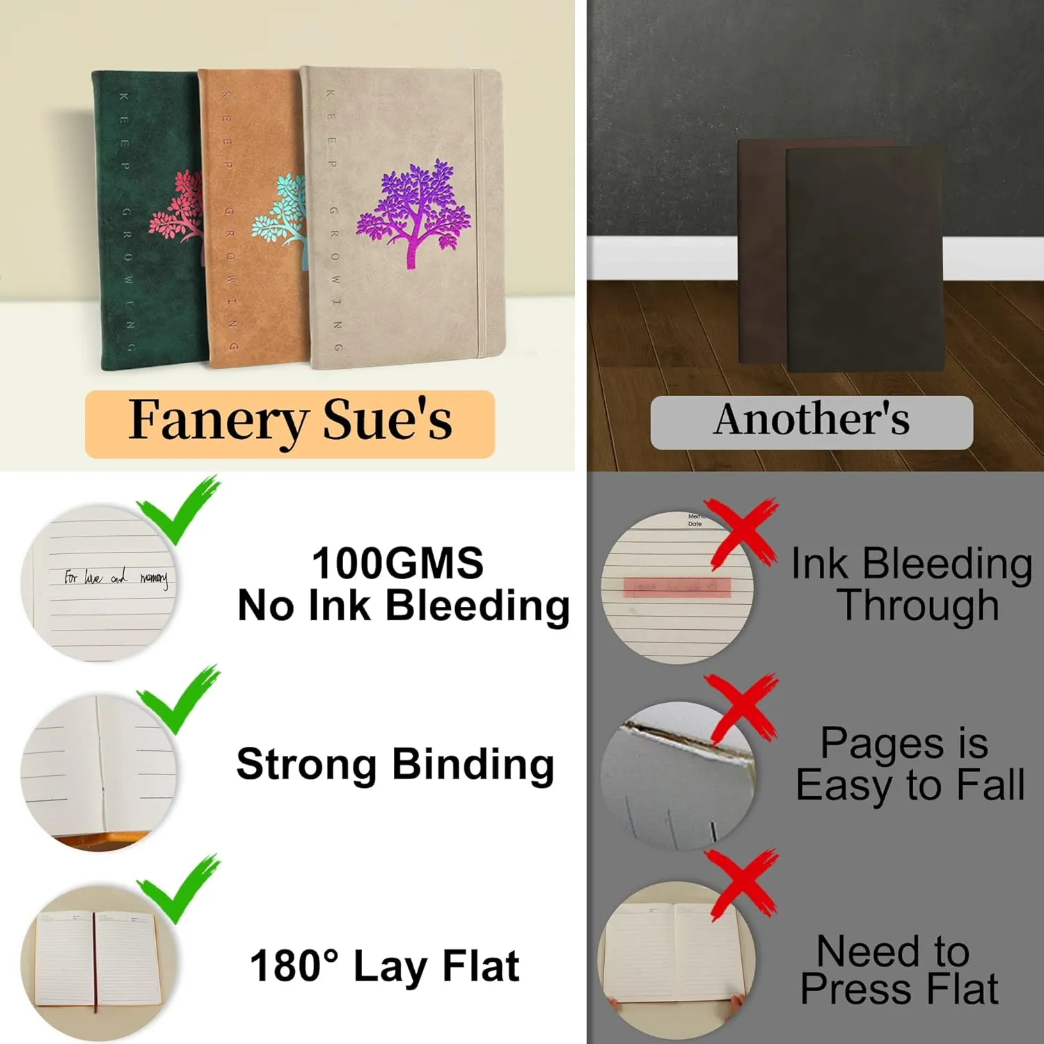 Fanery Sue Journal Notebook 3 Pack Tree of Life Journals for Writing A5 College Ruled Lined Writing Personal Diary Notebooks 180° Lay Flat Thick Paper Hard Cover Leatherette 200 Pages