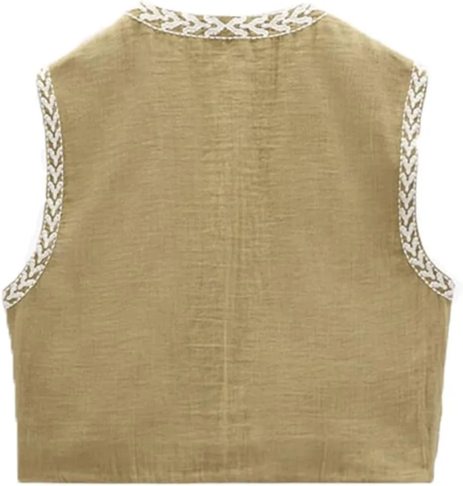 Faretumiya Women Vintage Flower Embroidery Vest Y2k Cropped Open Waistcoat Boho Sleeveless Vacation Crop Vest jacket