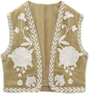 Faretumiya Women Vintage Flower Embroidery Vest Y2k Cropped Open Waistcoat Boho Sleeveless Vacation Crop Vest jacket