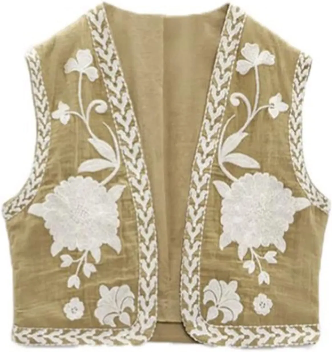 Faretumiya Women Vintage Flower Embroidery Vest Y2k Cropped Open Waistcoat Boho Sleeveless Vacation Crop Vest jacket