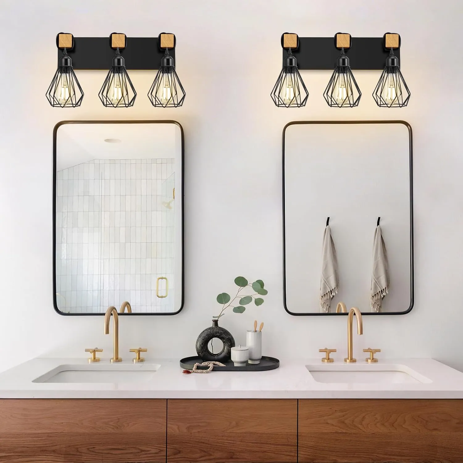 Farmhouse Bathroom Vanity Light Fixtures, 3-Light Wood Bathroom Lighting Fixtures Over Mirror, Black Rustic Industrial Sconces Wall Lights with Metal Lampshade for Living Room, Bedroom