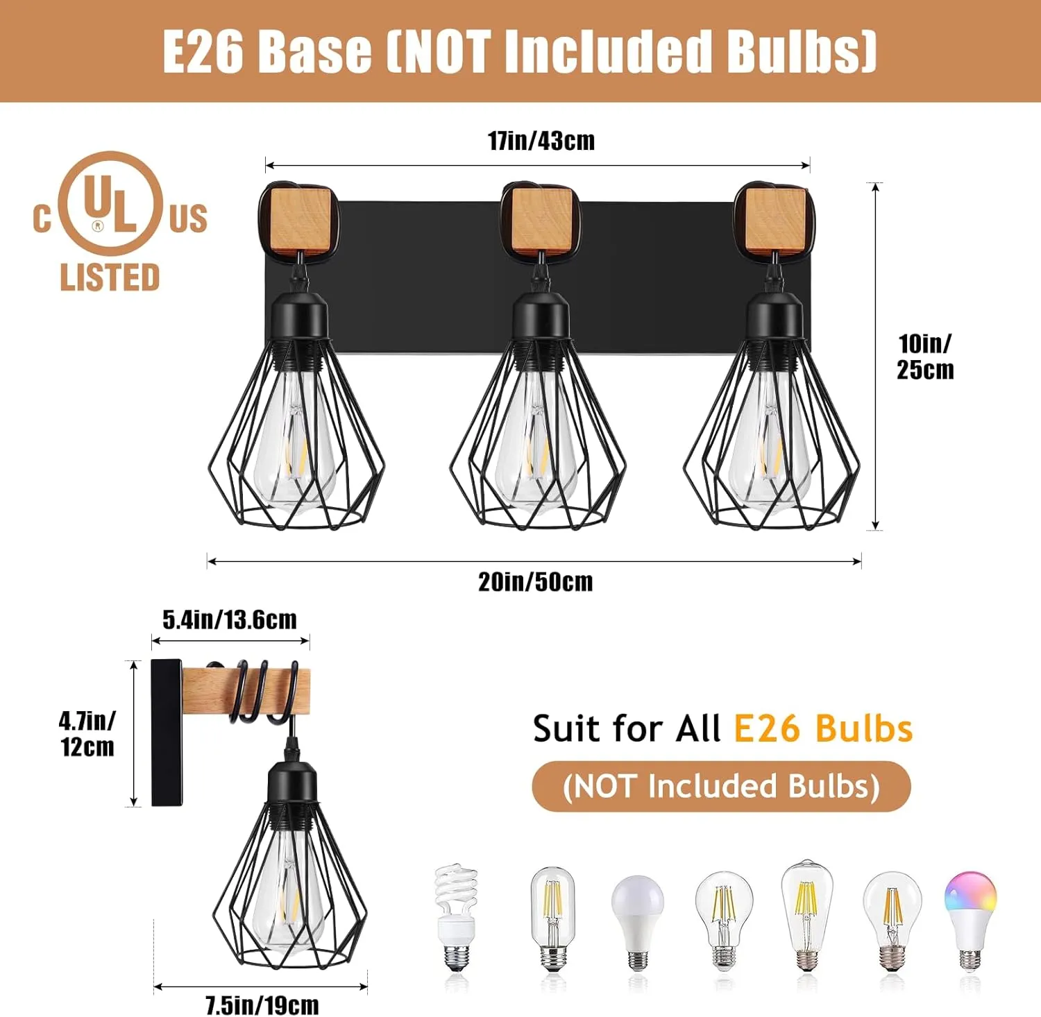 Farmhouse Bathroom Vanity Light Fixtures, 3-Light Wood Bathroom Lighting Fixtures Over Mirror, Black Rustic Industrial Sconces Wall Lights with Metal Lampshade for Living Room, Bedroom