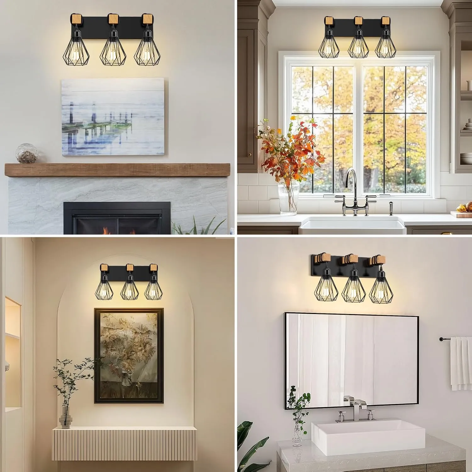 Farmhouse Bathroom Vanity Light Fixtures, 3-Light Wood Bathroom Lighting Fixtures Over Mirror, Black Rustic Industrial Sconces Wall Lights with Metal Lampshade for Living Room, Bedroom