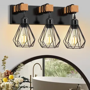 Farmhouse Bathroom Vanity Light Fixtures, 3-Light Wood Bathroom Lighting Fixtures Over Mirror, Black Rustic Industrial Sconces Wall Lights with Metal Lampshade for Living Room, Bedroom