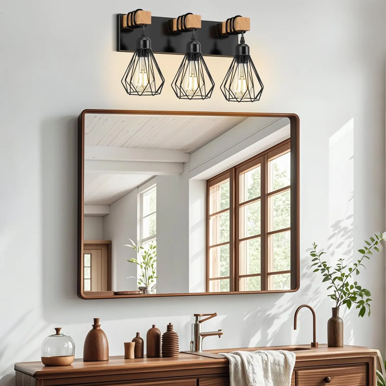 Farmhouse Bathroom Vanity Light Fixtures, 3-Light Wood Bathroom Lighting Fixtures Over Mirror, Black Rustic Industrial Sconces Wall Lights with Metal Lampshade for Living Room, Bedroom