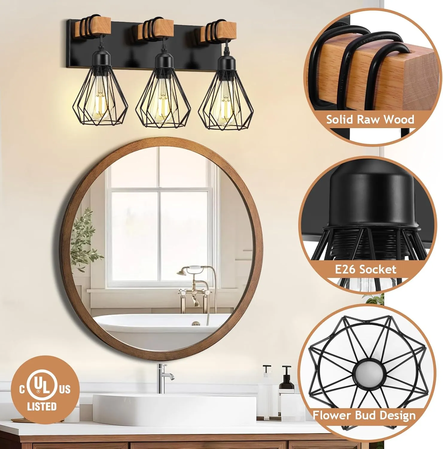 Farmhouse Bathroom Vanity Light Fixtures, 3-Light Wood Bathroom Lighting Fixtures Over Mirror, Black Rustic Industrial Sconces Wall Lights with Metal Lampshade for Living Room, Bedroom
