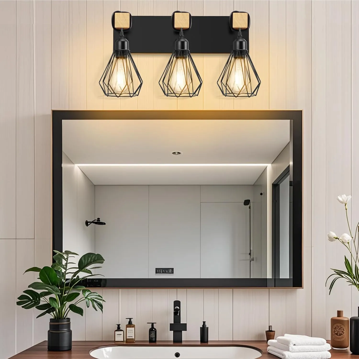Farmhouse Bathroom Vanity Light Fixtures, 3-Light Wood Bathroom Lighting Fixtures Over Mirror, Black Rustic Industrial Sconces Wall Lights with Metal Lampshade for Living Room, Bedroom