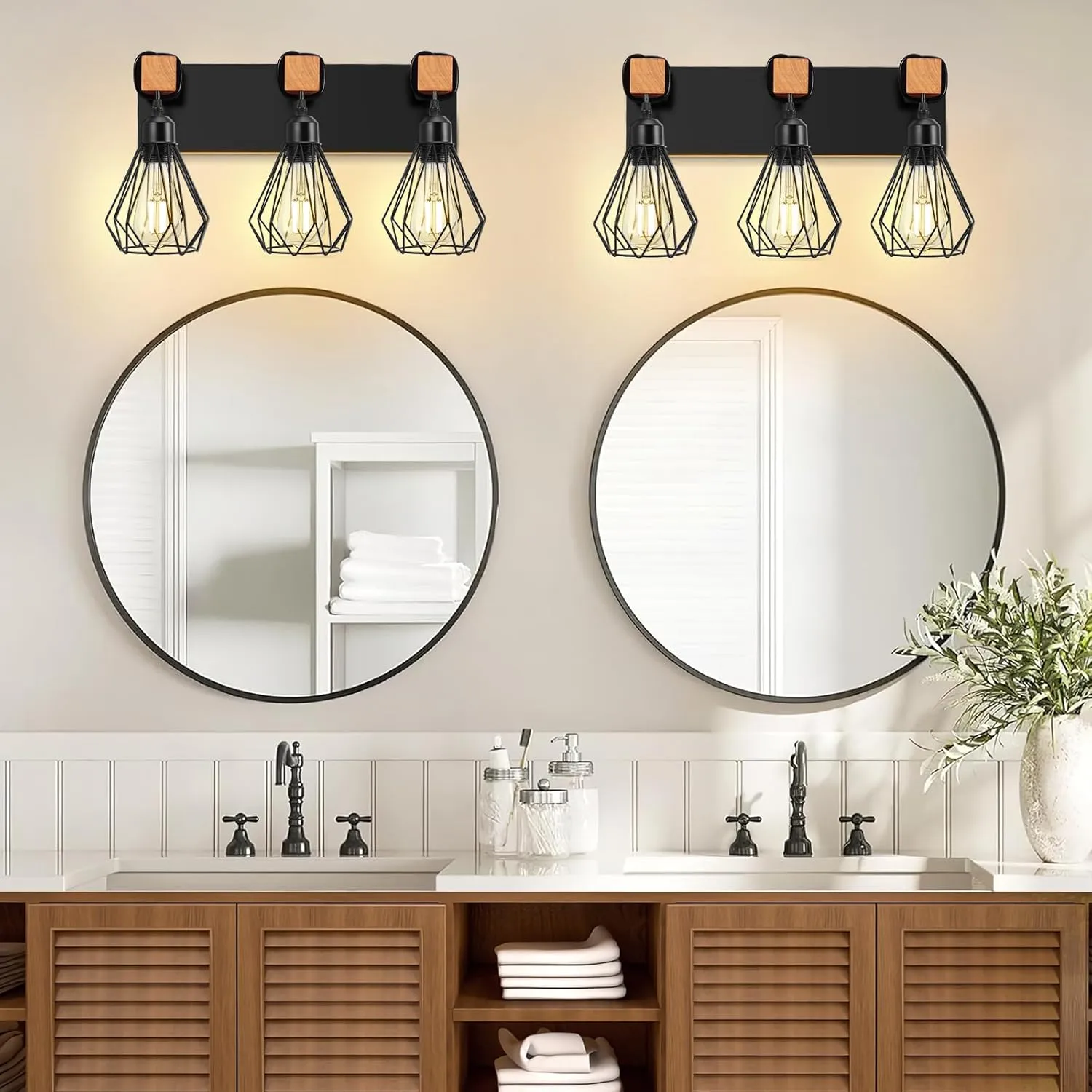 Farmhouse Bathroom Vanity Light Fixtures, 3-Light Wood Bathroom Lighting Fixtures Over Mirror, Black Rustic Industrial Sconces Wall Lights with Metal Lampshade for Living Room, Bedroom