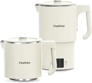 FeeKaa Travel Electric Kettle, Portable Foldable Kettle, 304 Stainless Steel, Small Electric Kettle for Boiling Water with Temperature Control, Tea Kettle for Coffee & Tea, Home & Outdoor, 600ml 600W