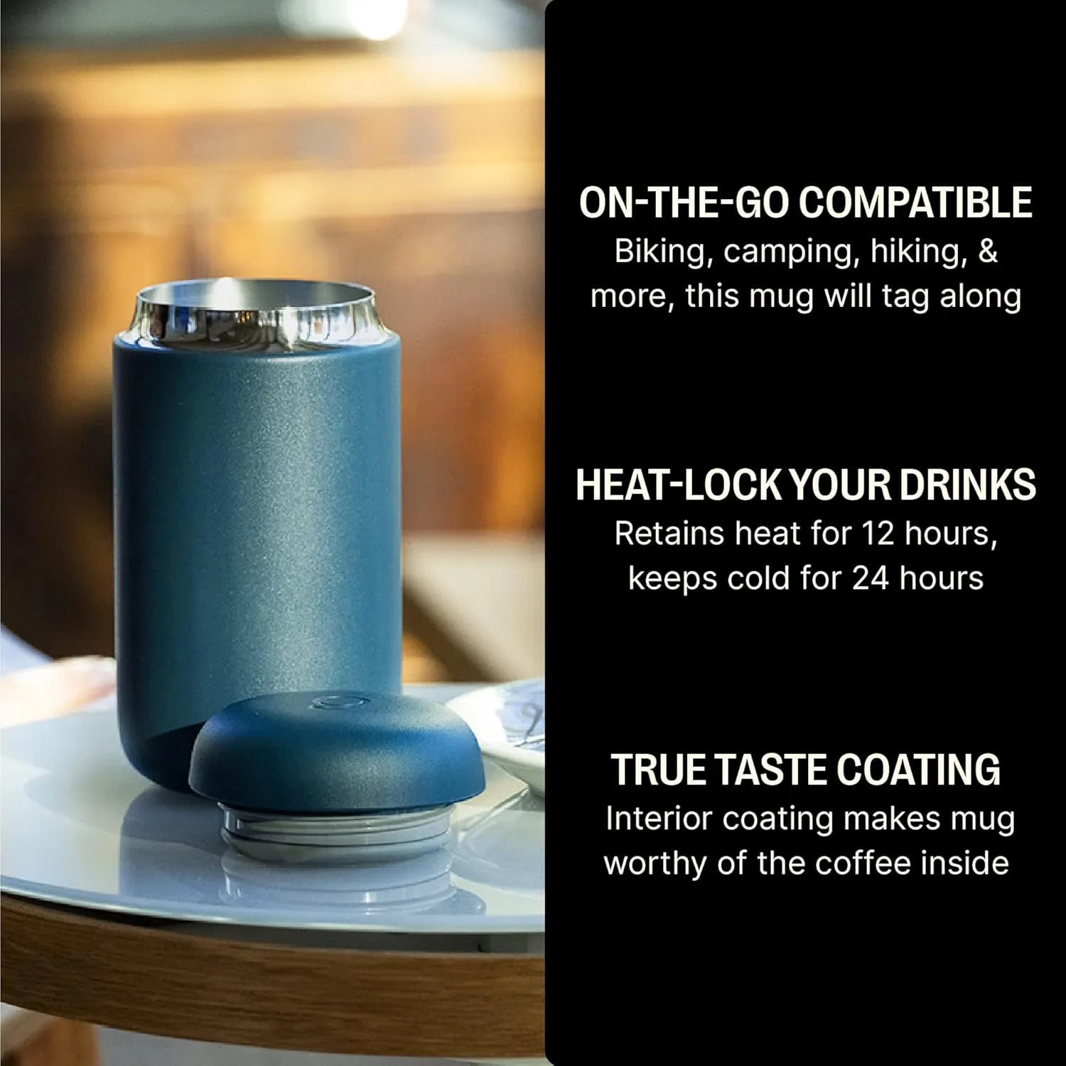 Fellow 16 oz Carter Wide Travel Mug - Wide Mouth Vacuum-Insulated Stainless Steel - Tea and Coffee Tumbler - Travel Coffee Mug with Ceramic Interior - Stone Blue