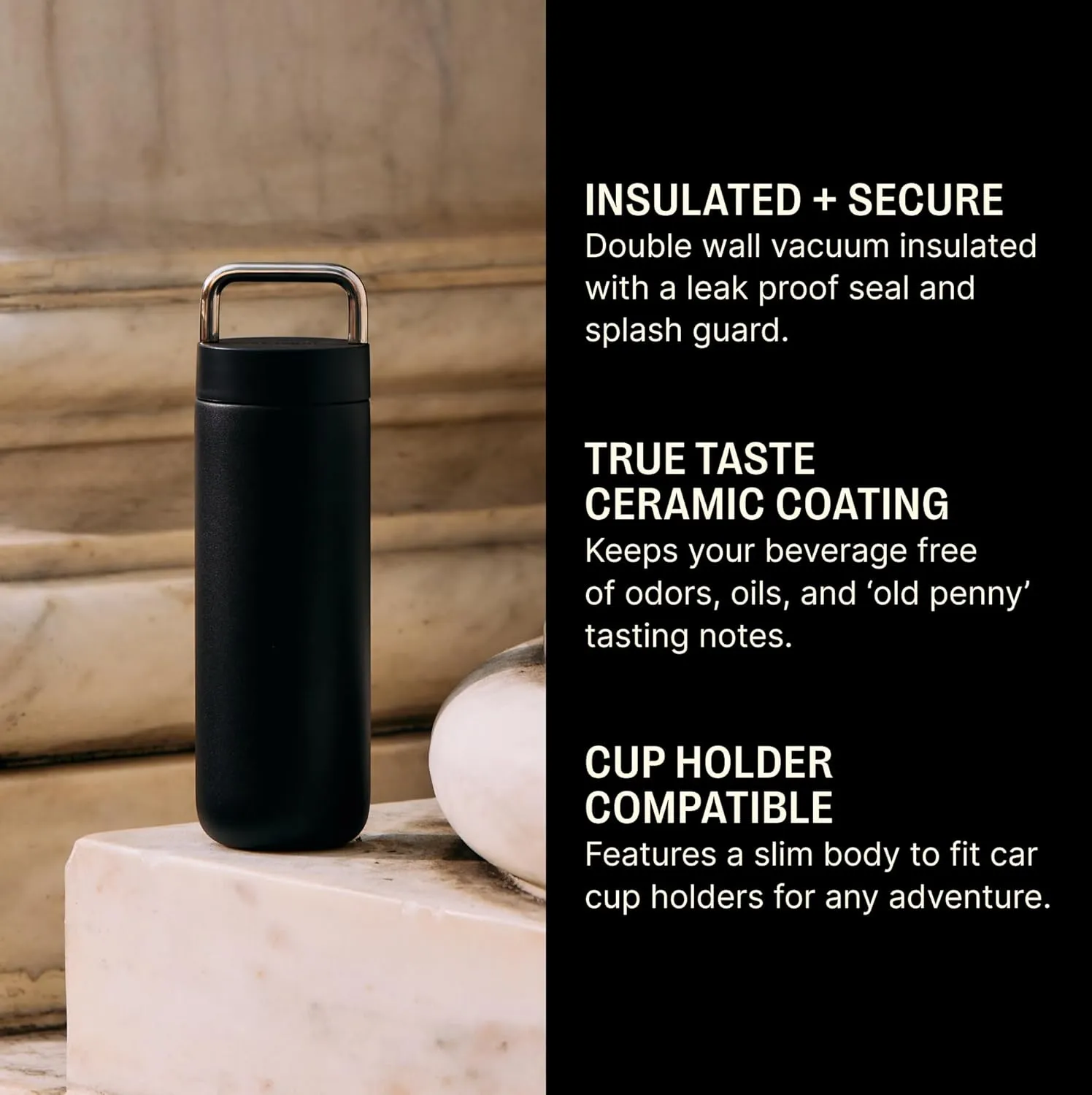 Fellow 20 oz Carter Carry Vacuum Insulated Tumbler for Water, Tea, Coffee, Smoothies, & more - Stainless Steel - Keeps Heat for 12 Hours/Stays Cold for 24 Hours-Leak-Proof Seal-Slim Width-Matte Black
