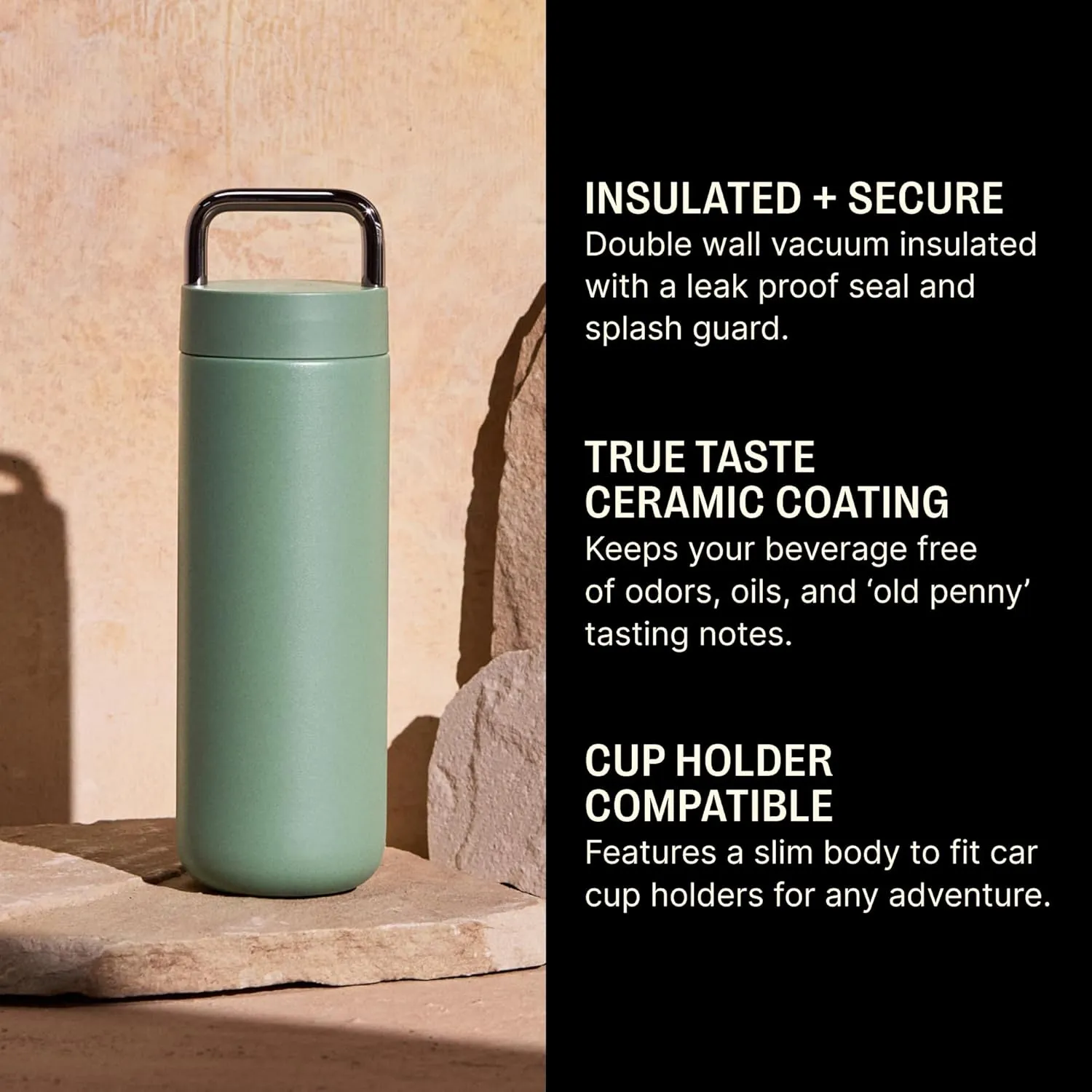 Fellow 20 oz Carter Carry Vacuum Insulated Tumbler for Water, Tea, Coffee, Smoothies, & more - Stainless Steel - Keeps Heat for 12 Hours/Stays Cold for 24 Hours-Leak-Proof Seal-Slim Width-Smoke Green