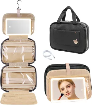FENCHILIN Travel Toiletry Bag with Hanging Hook Large Capacity Makeup Organizer Bag with Lighted Makeup Mirror Organizer for Accessories, Shampoo, Toiletries