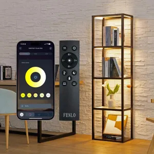 FENLO LED Display Shelf with Lights – Curio Cabinet for Collectibles with Dimmable Lighting, App & Remote Control – 66” Glass Shelf Floor Lamp with Adjustable Color Temps Fantasy Plus Pro