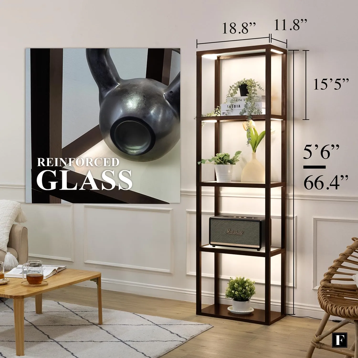 FENLO LED Display Shelf with Lights – Curio Cabinet for Collectibles with Dimmable Lighting, App & Remote Control – 66” Glass Shelf Floor Lamp with Adjustable Color Temps Fantasy Plus Pro