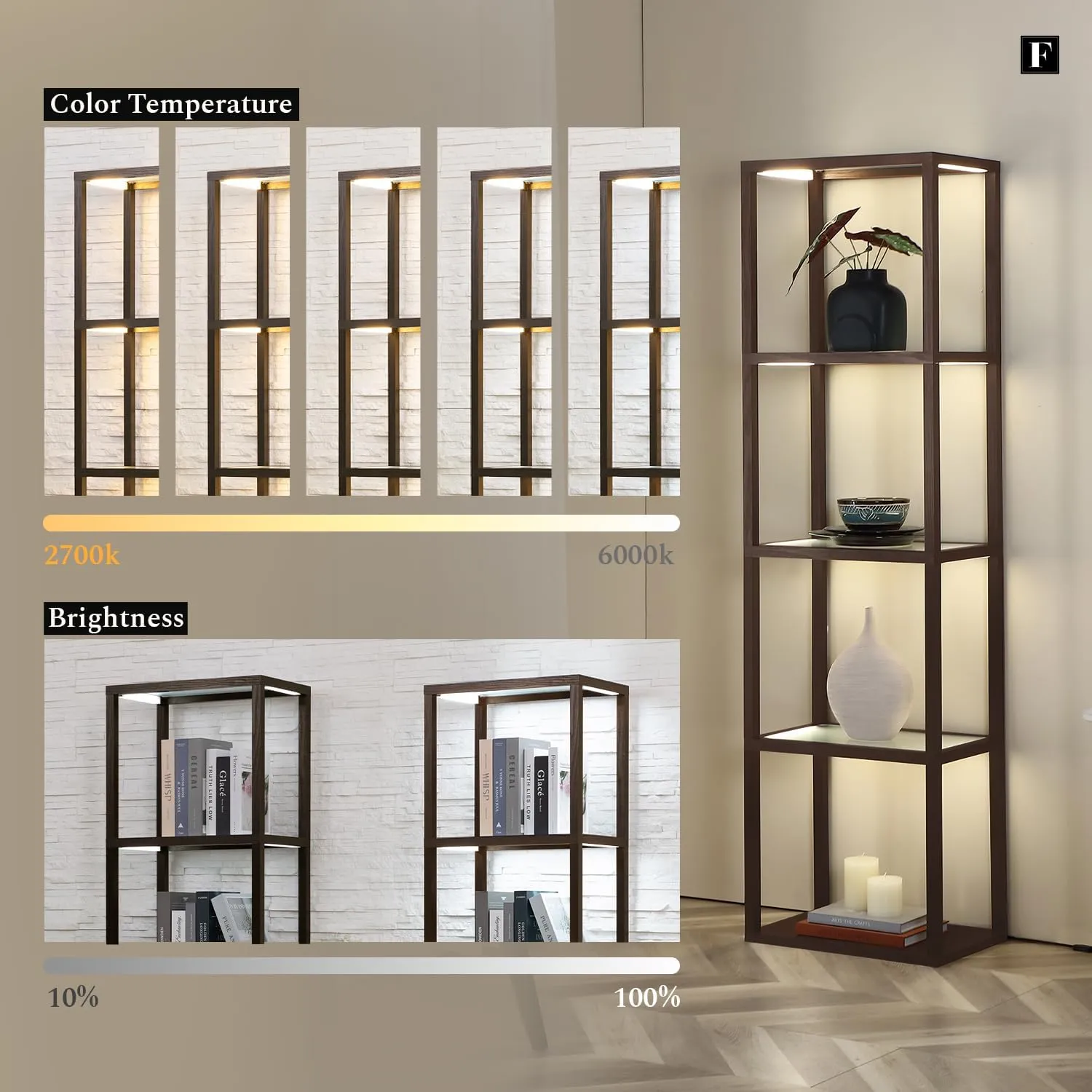 FENLO LED Display Shelf with Lights – Curio Cabinet for Collectibles with Dimmable Lighting, App & Remote Control – 66” Glass Shelf Floor Lamp with Adjustable Color Temps Fantasy Plus Pro