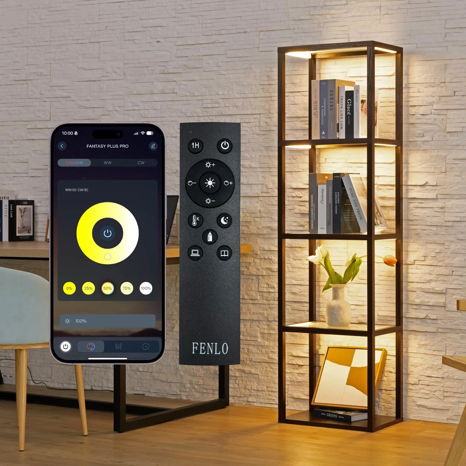 FENLO LED Display Shelf with Lights – Curio Cabinet for Collectibles with Dimmable Lighting, App & Remote Control – 66” Glass Shelf Floor Lamp with Adjustable Color Temps Fantasy Plus Pro