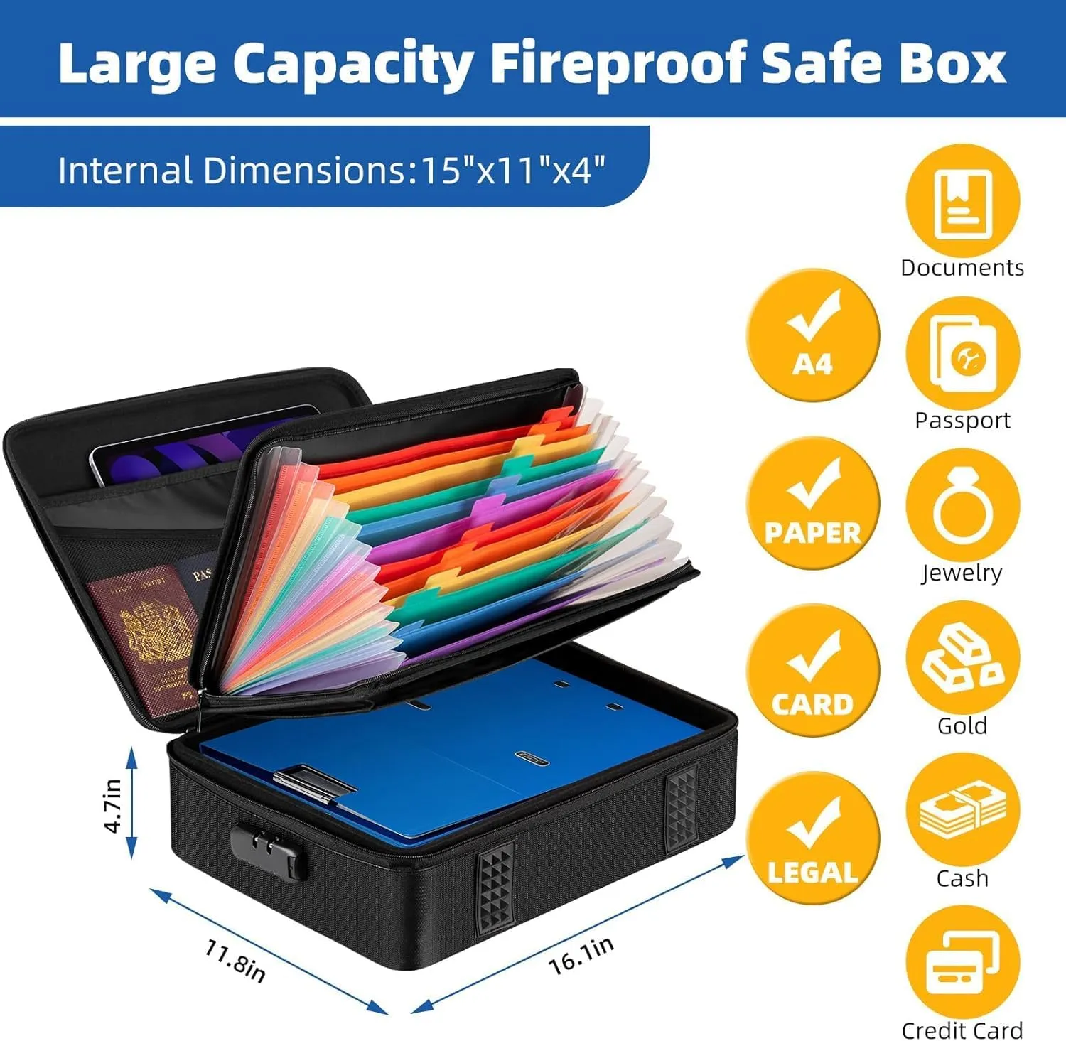 Fireproof Document Organizer Box, Fire Box Safe for Home Documents with Lock, Firesafe Waterproof Safe Box for Important Certificates Documents