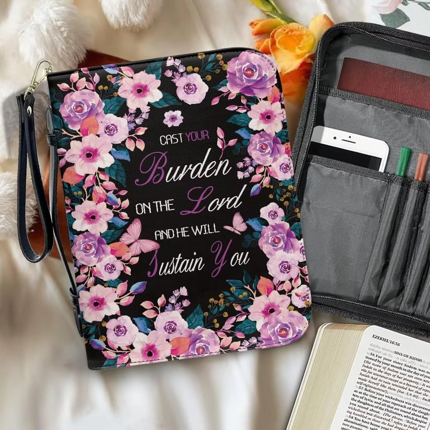 Floral Butterfly Print Bible Cover Case Church Bible Study Cover He Will Sustain You Travel Bible Tote Bag Multifunctional Bible Protective with Handle Sturdy Bible Accessories, L