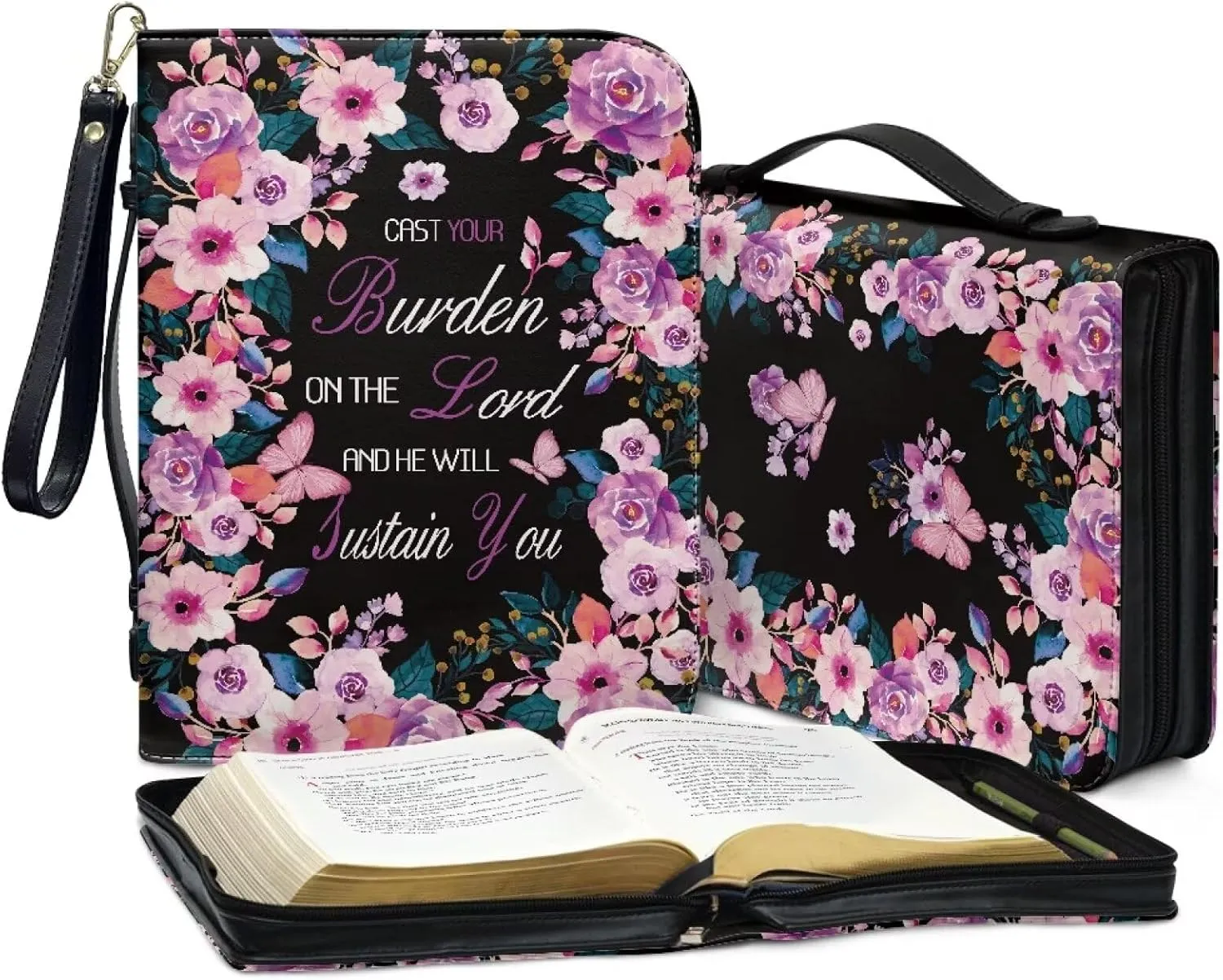 Floral Butterfly Print Bible Cover Case Church Bible Study Cover He Will Sustain You Travel Bible Tote Bag Multifunctional Bible Protective with Handle Sturdy Bible Accessories, L