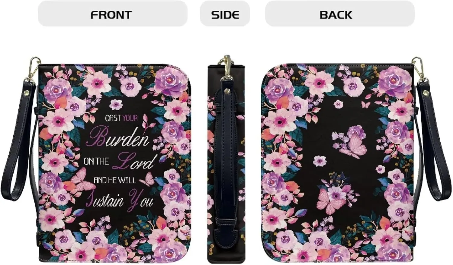 Floral Butterfly Print Bible Cover Case Church Bible Study Cover He Will Sustain You Travel Bible Tote Bag Multifunctional Bible Protective with Handle Sturdy Bible Accessories, L