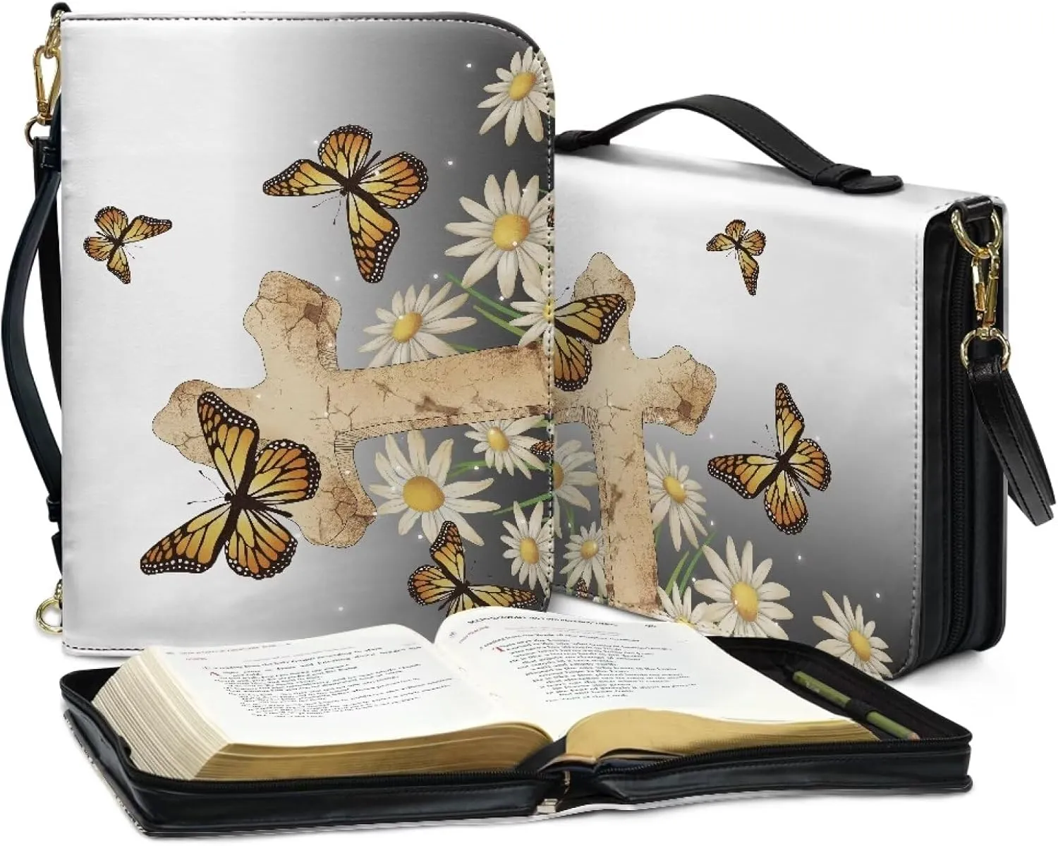 Floral Cross Bible Case Cover with Handle Strap Large Church Tote Bag Butterfly Book Protective for Women