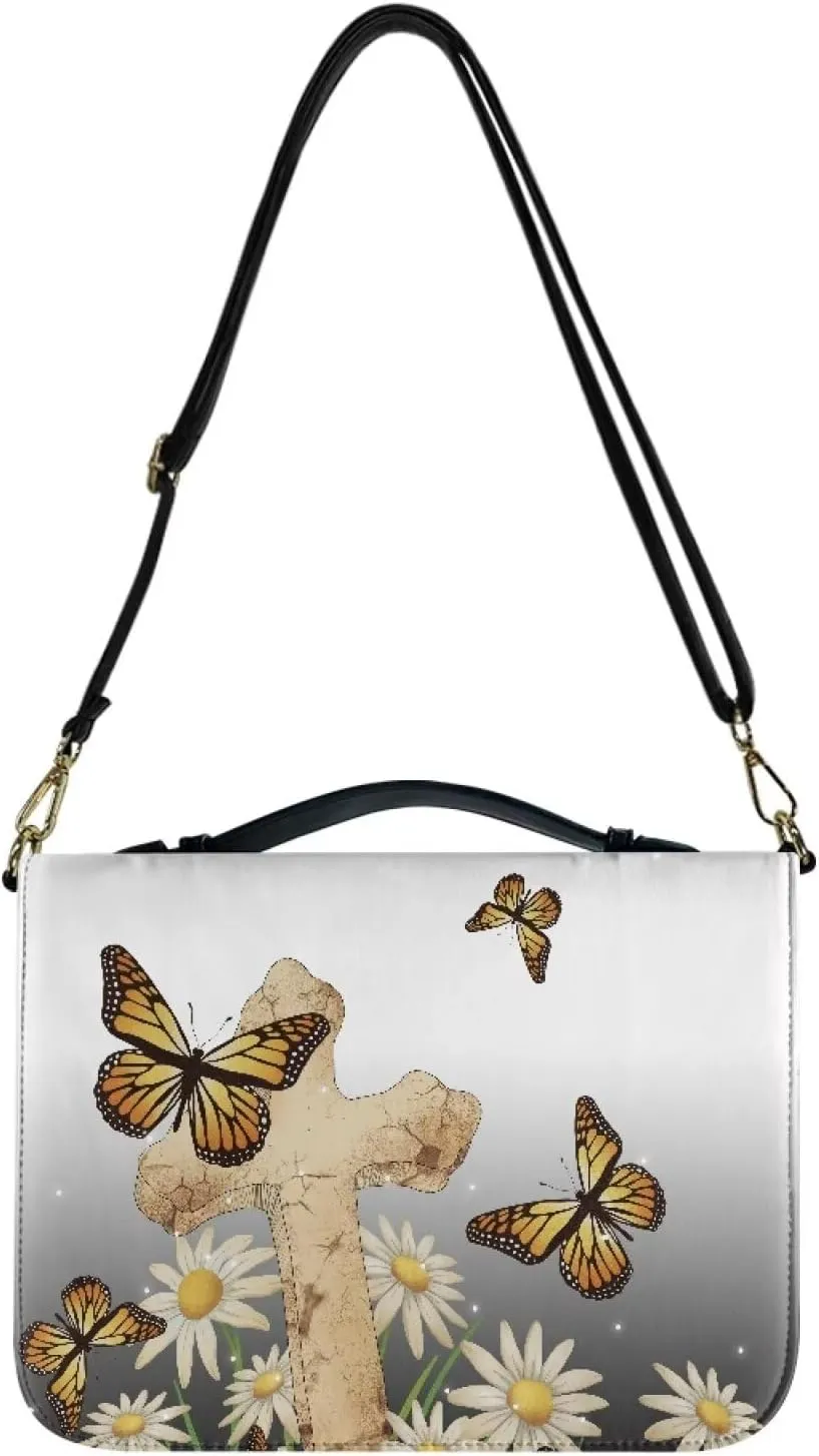 Floral Cross Bible Case Cover with Handle Strap Large Church Tote Bag Butterfly Book Protective for Women