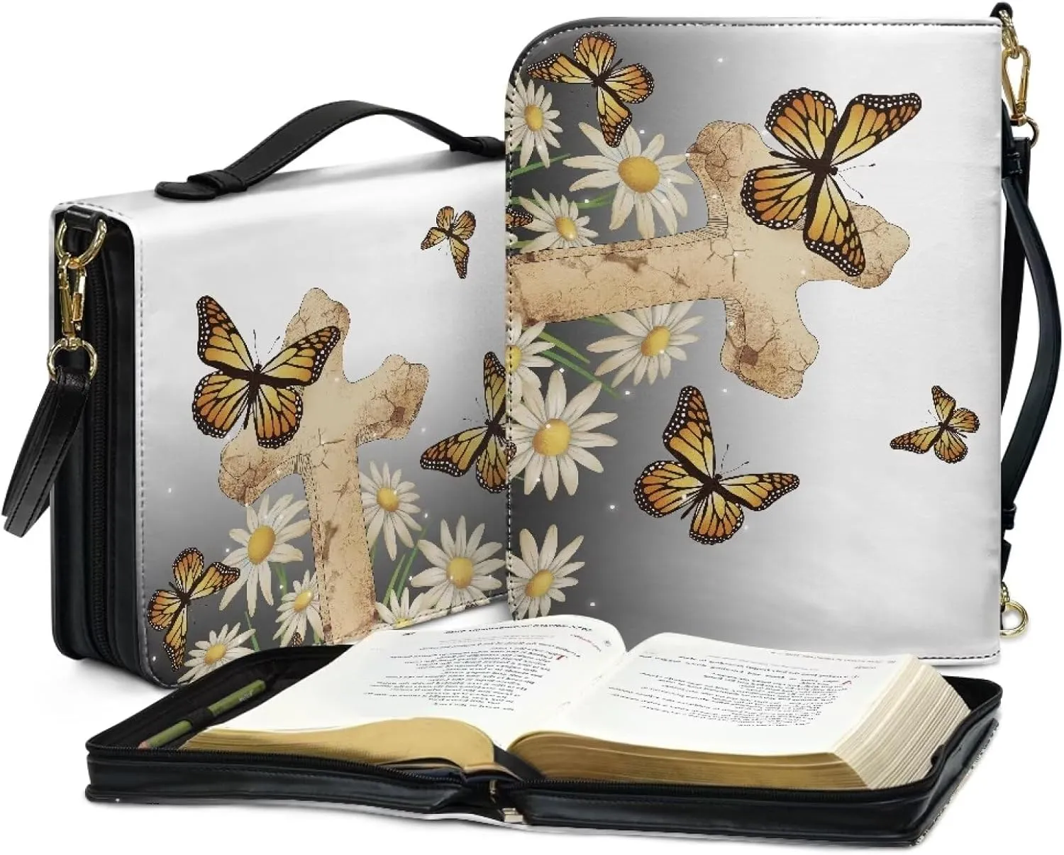 Floral Cross Bible Case Cover with Handle Strap Large Church Tote Bag Butterfly Book Protective for Women