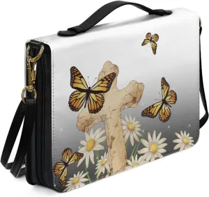 Floral Cross Bible Case Cover with Handle Strap Large Church Tote Bag Butterfly Book Protective for Women