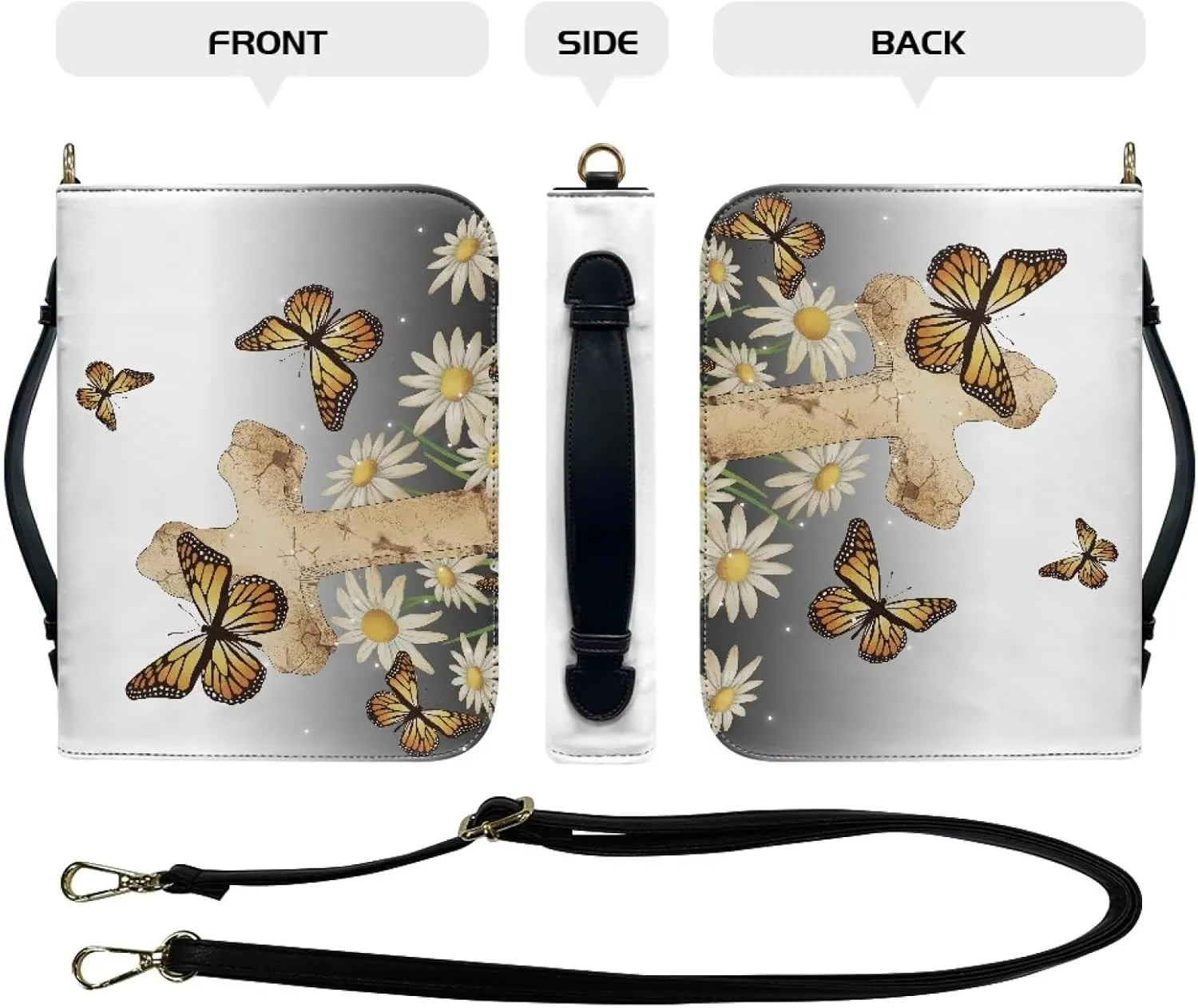 Floral Cross Bible Case Cover with Handle Strap Large Church Tote Bag Butterfly Book Protective for Women