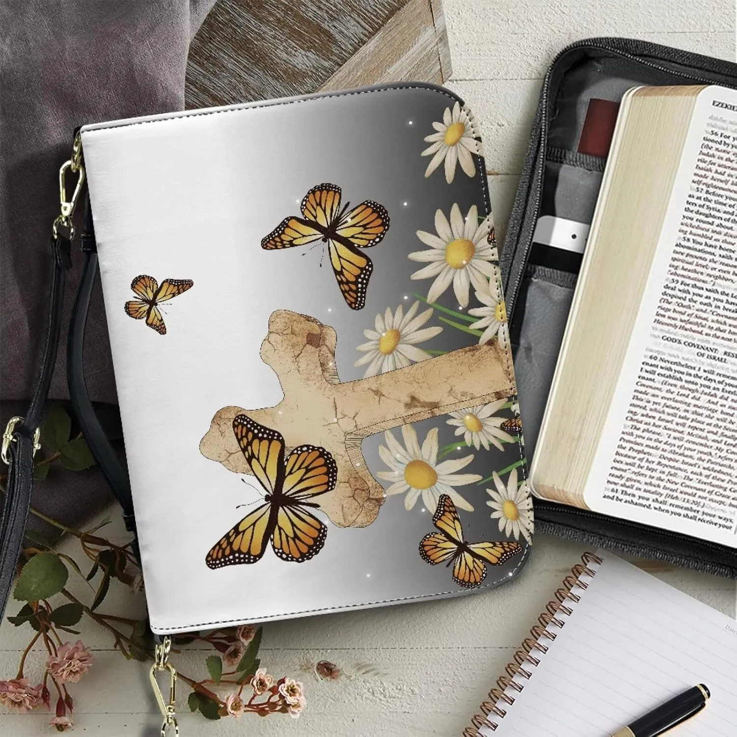 Floral Cross Bible Case Cover with Handle Strap Large Church Tote Bag Butterfly Book Protective for Women