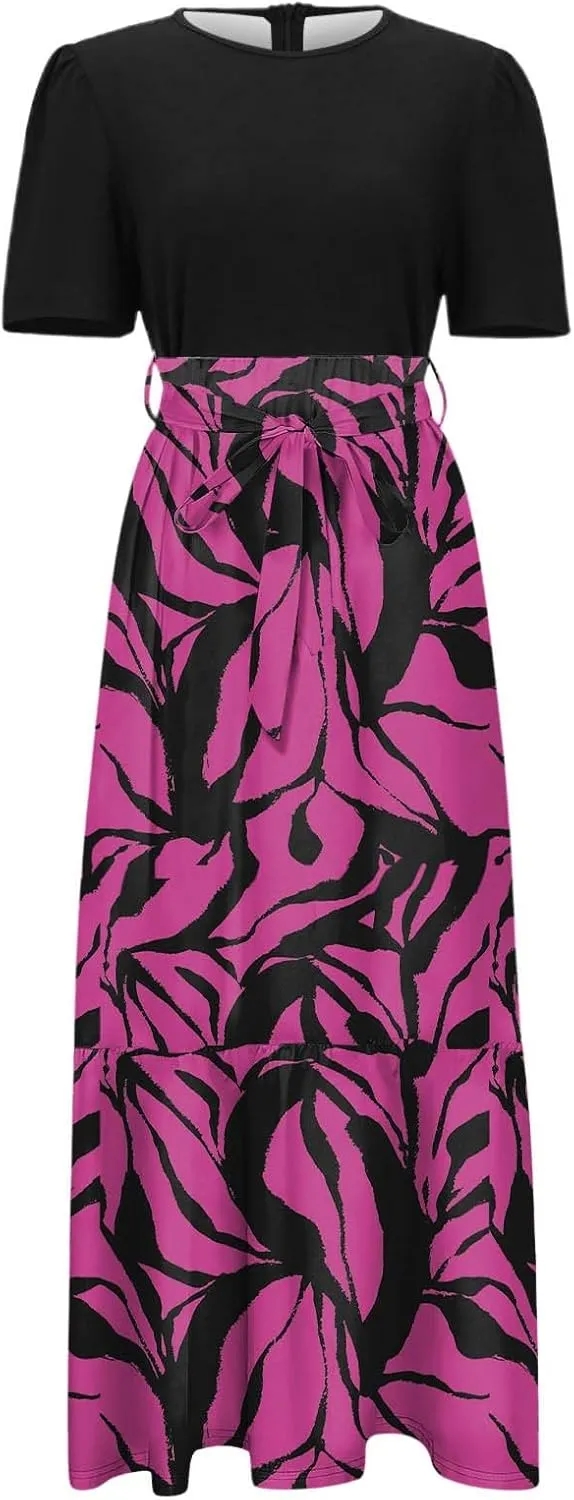 Floral Maxi Dresses for Women Elegant Tie Belt Patchwork Short Sleeve Flowy Beach Sundress Casual Empire Waist Dresses