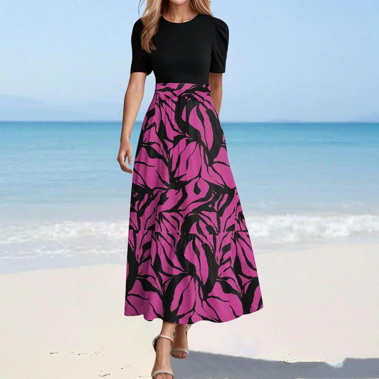Floral Maxi Dresses for Women Elegant Tie Belt Patchwork Short Sleeve Flowy Beach Sundress Casual Empire Waist Dresses