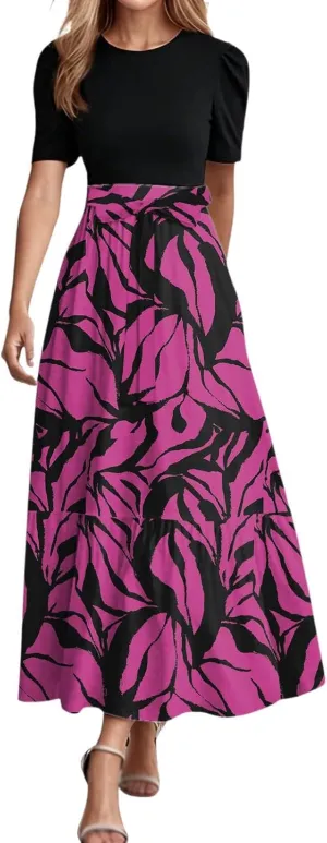 Floral Maxi Dresses for Women Elegant Tie Belt Patchwork Short Sleeve Flowy Beach Sundress Casual Empire Waist Dresses