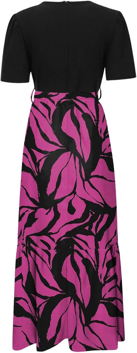 Floral Maxi Dresses for Women Elegant Tie Belt Patchwork Short Sleeve Flowy Beach Sundress Casual Empire Waist Dresses