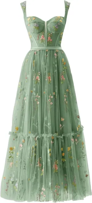 Flower Embroidery Tulle Prom Dresses Tea Length Corset Wedding Formal Evening Gown