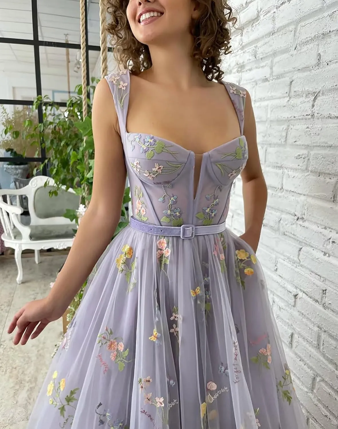 Flower Embroidery Tulle Prom Dresses Tea Length Corset Wedding Formal Evening Gown