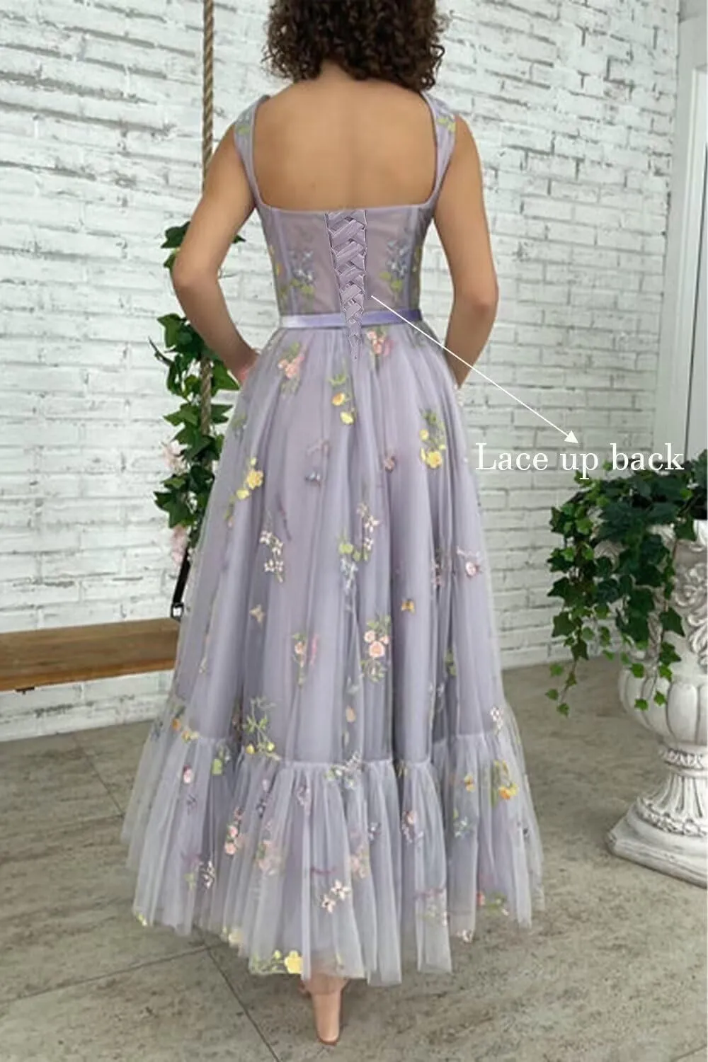 Flower Embroidery Tulle Prom Dresses Tea Length Corset Wedding Formal Evening Gown
