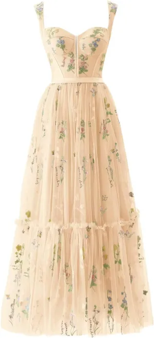 Flower Embroidery Tulle Prom Dresses Tea Length Corset Wedding Formal Evening Gown