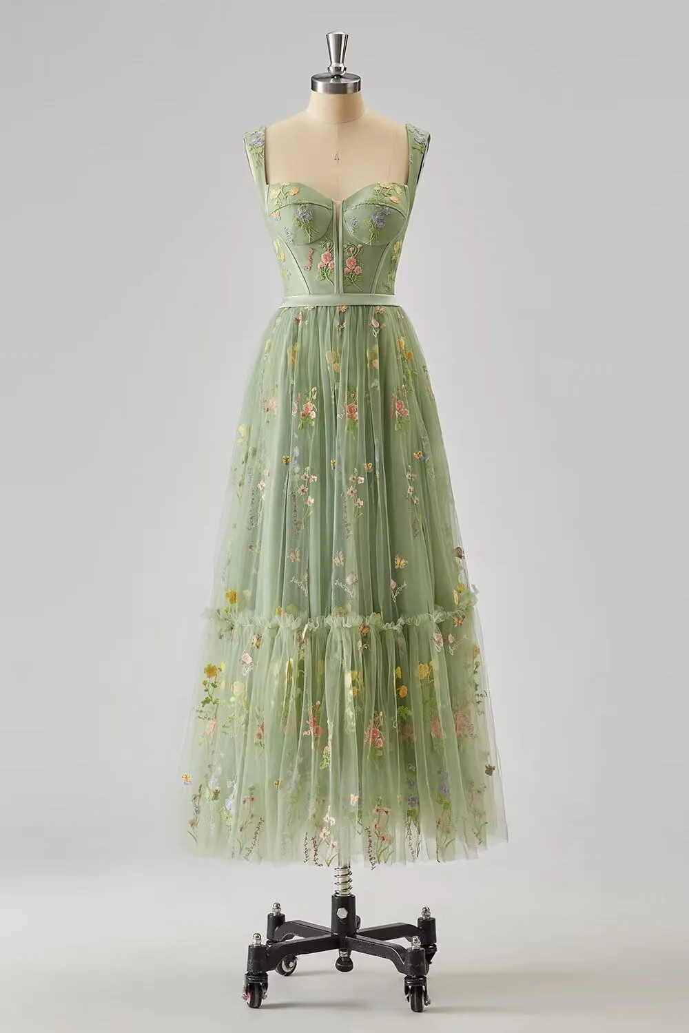 Flower Embroidery Tulle Prom Dresses Tea Length Corset Wedding Formal Evening Gown